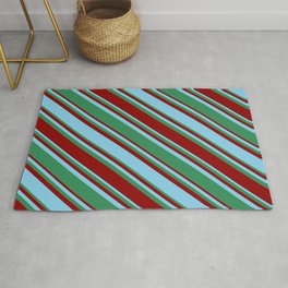 [ Thumbnail: Sky Blue, Sea Green, and Dark Red Colored Lined/Striped Pattern Rug ]