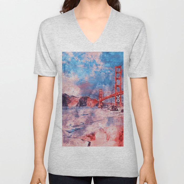 Golden Gate Bridge - Watercolor V Neck T Shirt