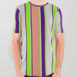 [ Thumbnail: Light Grey, Chartreuse, Dark Salmon, and Indigo Colored Striped/Lined Pattern All Over Graphic Tee ]