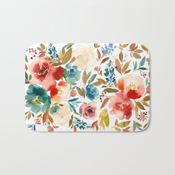 Red Turquoise Teal Floral Watercolor Bath Mat