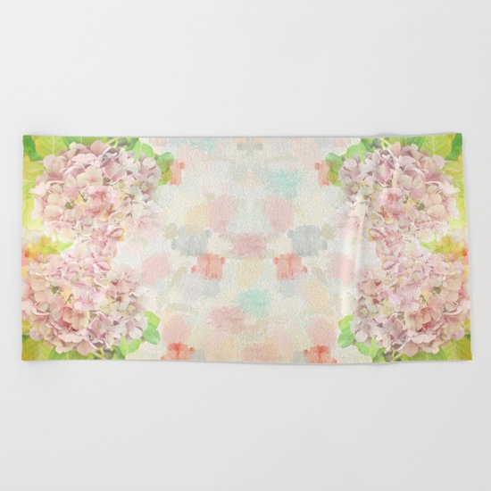Pink Hydrangeas on a soft pastel abstract background Beach Towel