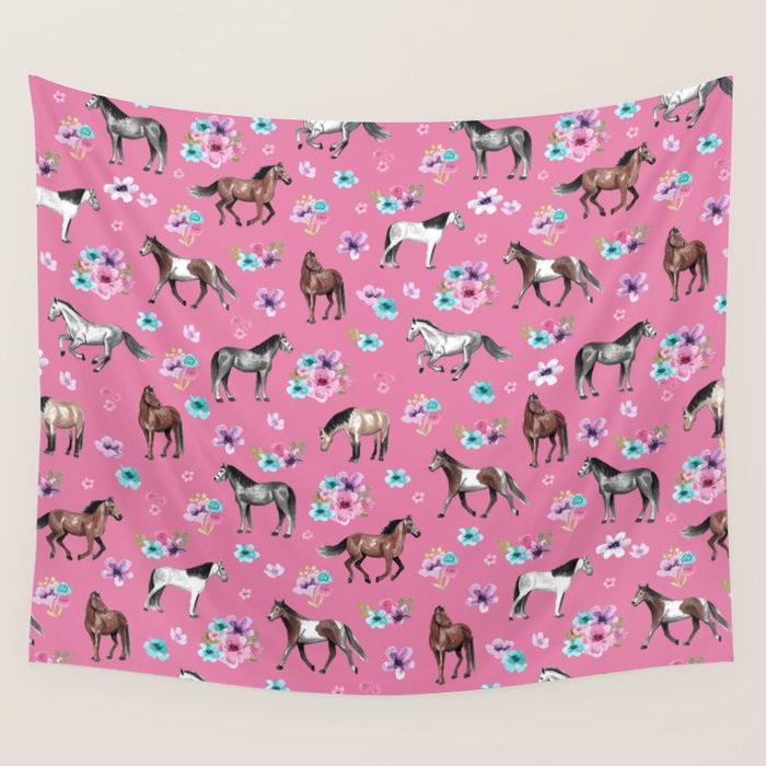 Pink Horse Print, Hand Drawn, Horses and Flowers, Girls Room, Wall