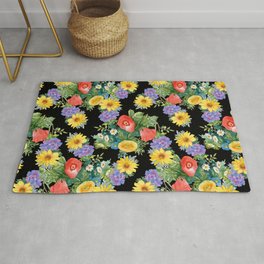 Summertime garden flowers watercolor seamless pattern on black background. Beautiful hand drawn texture. Romantic background Area & Throw Rug
