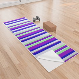[ Thumbnail: Lavender, Green, Dark Violet, and Blue Colored Lined/Striped Pattern Yoga Towel ]