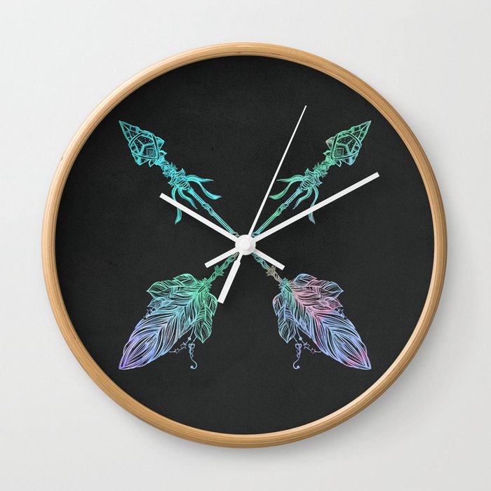 Tribals Arrows Turquoise on Gray Black Wall Clock