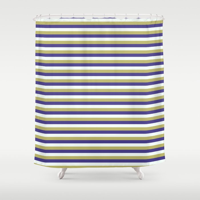 Dark Khaki, Dark Slate Blue, and Mint Cream Colored Lined Pattern Shower Curtain