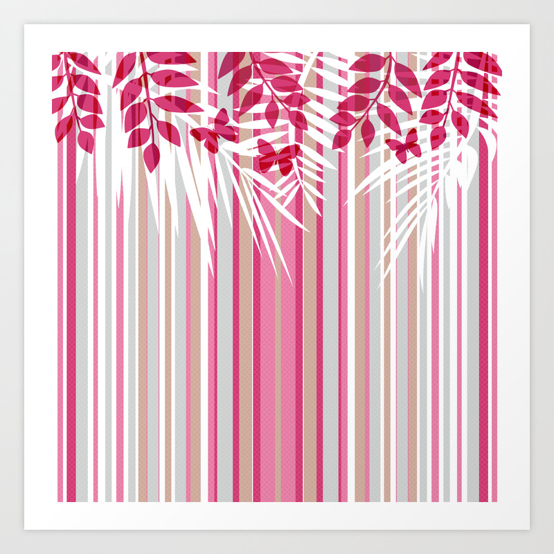 Red Butterflies And Pink Striped Leaves On A White Background