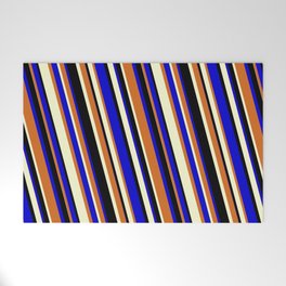 [ Thumbnail: Chocolate, Light Yellow, Black & Blue Colored Lines/Stripes Pattern Welcome Mat ]