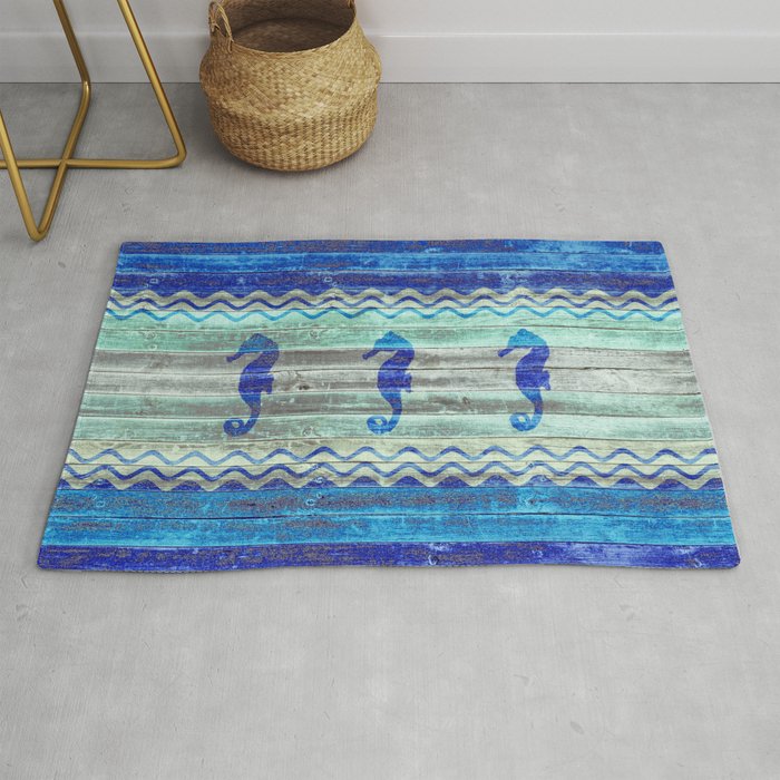Rustic Navy Blue Coastal Decor Seahorses Rug By