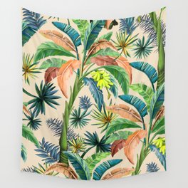 Palm Life, tropical palm leaves, Hollywood Regency, green, orange Wall Tapestry
