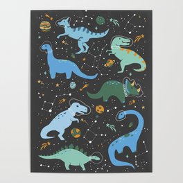 Dinosaurs in Space in Blue Poster