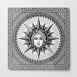 Apollo Sun God Symbol on Greek Key Ornament Metal Print