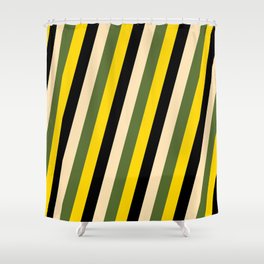 [ Thumbnail: Beige, Dark Olive Green, Yellow, and Black Colored Lines Pattern Shower Curtain ]