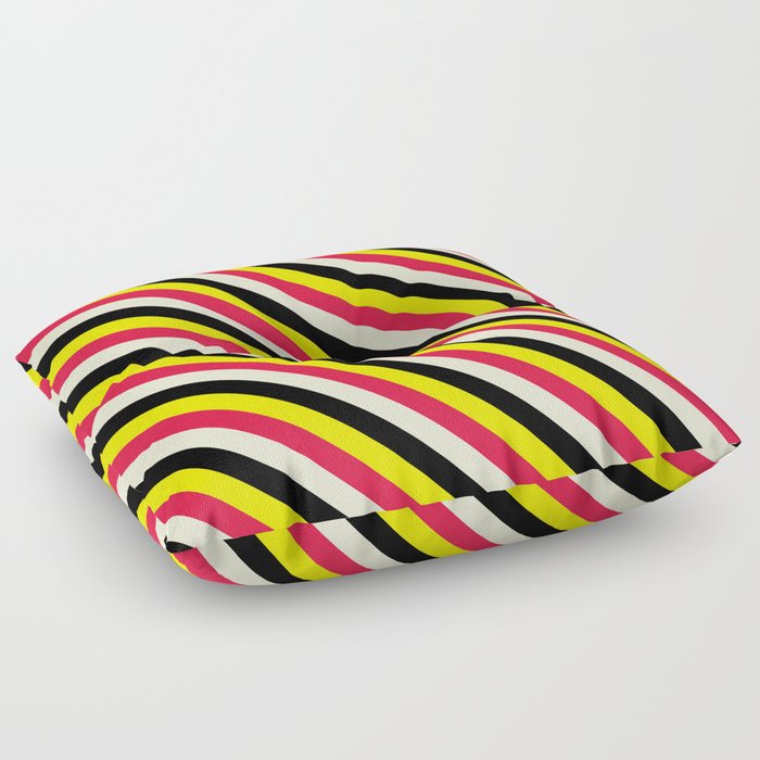 Yellow, Crimson, Light Yellow & Black Colored Stripes/Lines Pattern Floor Pillow