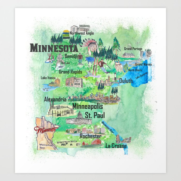 Minnesota United states Nation Illustrated Push Poster Favourite Vacationer Map Artwork Print by way of artshop77 picture regarding Printable Map of Minnesota referred to as Minnesota United states Region Illustrated Generate Poster Most loved Vacationer Map Artwork Print as a result of artshop77