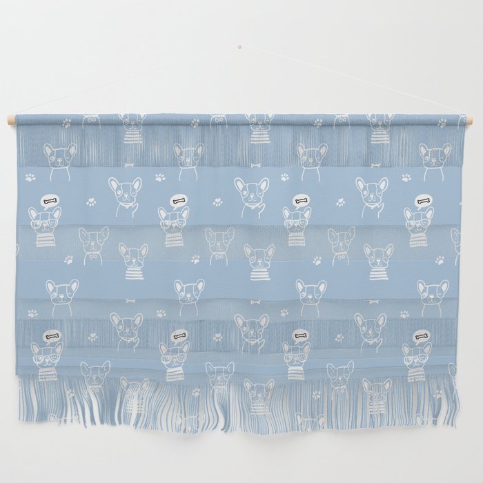 Pale Blue and White Hand Drawn Dog Puppy Pattern Wall Hanging
