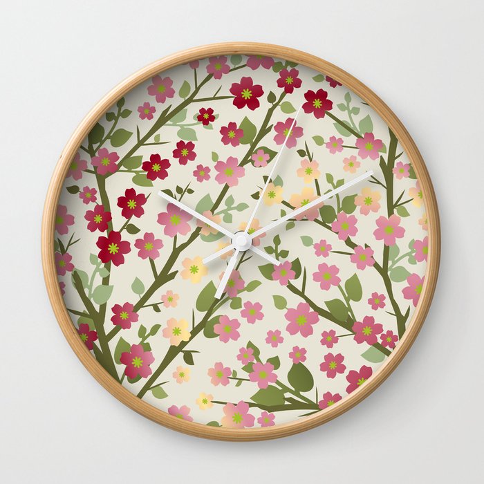 Lovely Blossoms - red pink on beige Wall Clock