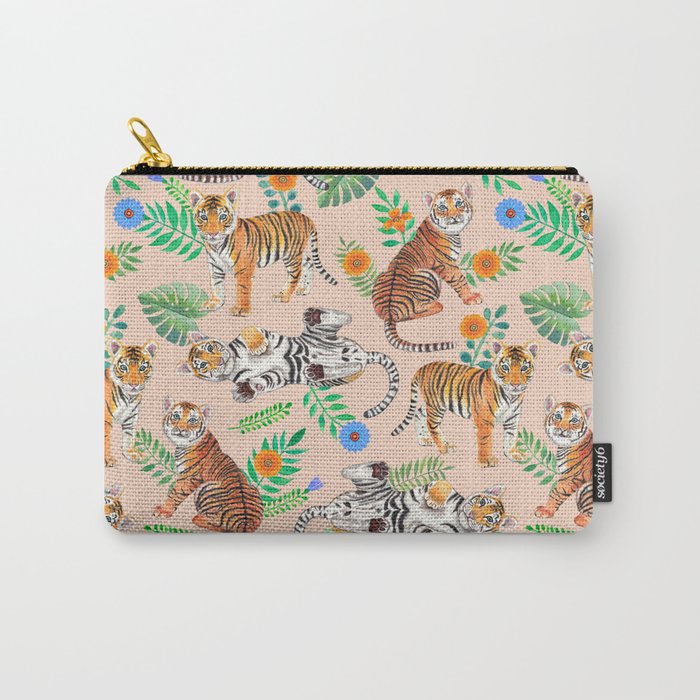Tiger Cubs and Flowers (Beige) Carry-All Pouch