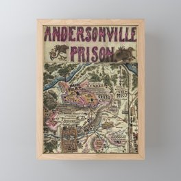 Infamous Andersonville Prison Camp (POW) Macon Country, Georgia detailed map of horrid conditions for Civil War Union prisoners vintage blueprint map Framed Mini Art Print