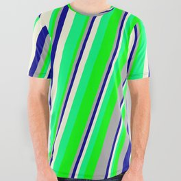 [ Thumbnail: Eyecatching Dark Gray, Dark Blue, Beige, Green & Lime Colored Striped/Lined Pattern All Over Graphic Tee ]