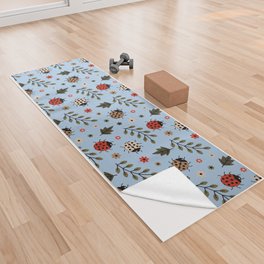 Ladybug and Floral Seamless Pattern on Pale Blue Background Yoga Towel