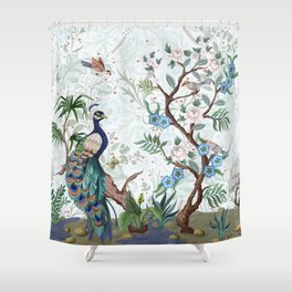 Chinoiserie Aqua Peacock Floral & William Morris Art Shower Curtain
