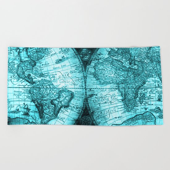 Turquoise Antique World Map Beach Towel