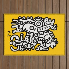 Black and White Cool Monsters Graffiti on Yellow Background Outdoor Rug