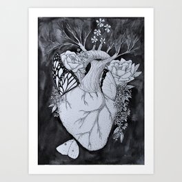 Botanical Heart Black & White Art Print | Medicalillustration, Anatomy, Anatomyart, Medical, Monarchbutterfly, Heart, Realistic, Ink Pen, Butterfly, Drawing 