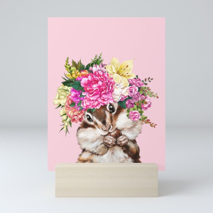 Flower Crown Squirrel in Pink Mini Art Print