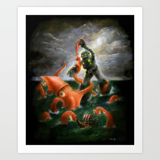 Sea Battle Masterpiece Robot vs Squid Art Print