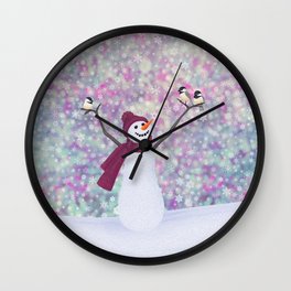 snowman and chickadees Wall Clock