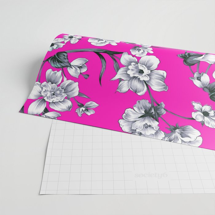 Modern neon pink black white abstract floral Wrapping Paper by