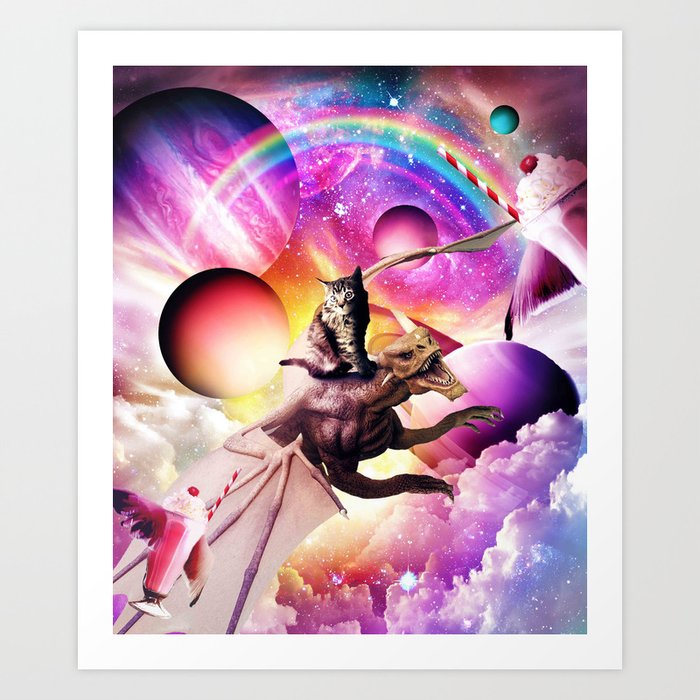 Space Cat Riding Dragon - Milkshake Rainbow Art Print