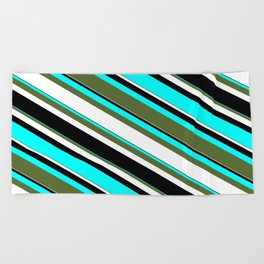 [ Thumbnail: Cyan, Dark Olive Green, White, and Black Colored Lined/Striped Pattern Beach Towel ]