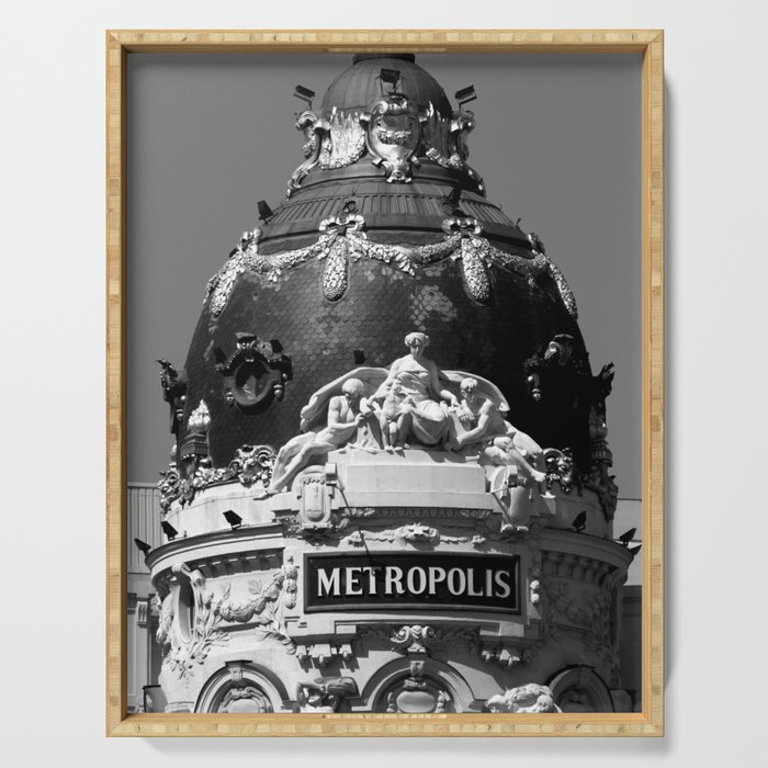 Madrid, Spain, Edificio Metrópolis Beaux-Arts Statue black and white photograph / art photography Serving Tray