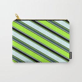 [ Thumbnail: Light Green, Dark Slate Gray, Light Cyan, and Black Colored Striped Pattern Carry-All Pouch ]