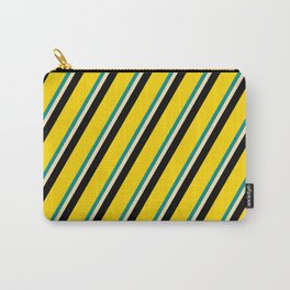 [ Thumbnail: Dark Cyan, Beige, Black & Yellow Colored Stripes/Lines Pattern Carry-All Pouch ]