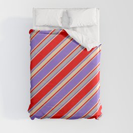 [ Thumbnail: Red, Grey, Purple & Beige Colored Stripes/Lines Pattern Duvet Cover ]