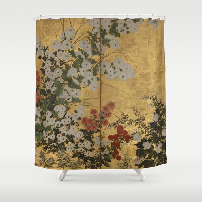 Red White Chrysanthemums Vintage Floral Japanese Gold Leaf Screen Shower Curtain