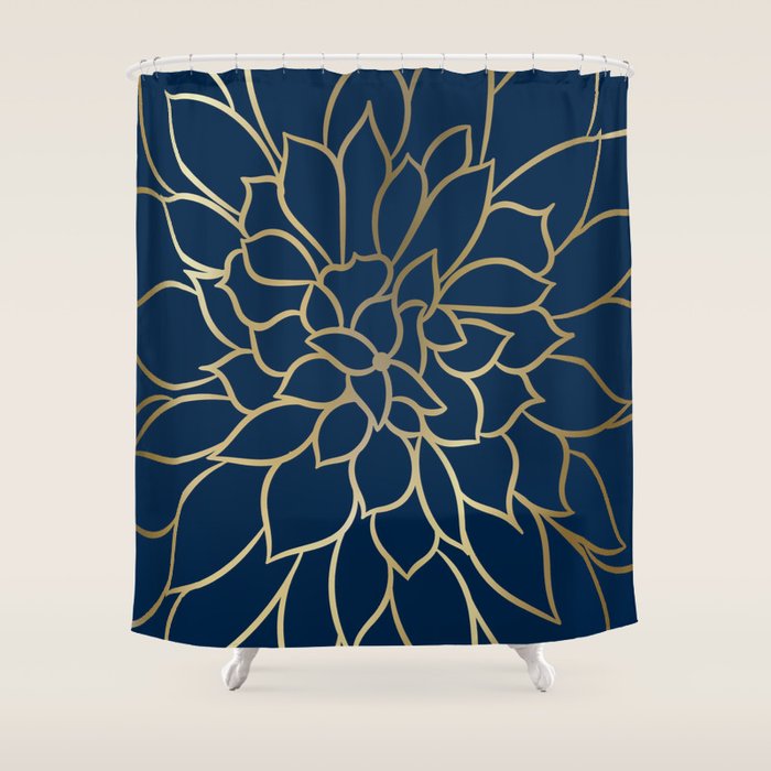 Floral Prints, Line Art, Navy Blue and Gold Shower Curtain by Megan Morris Society6