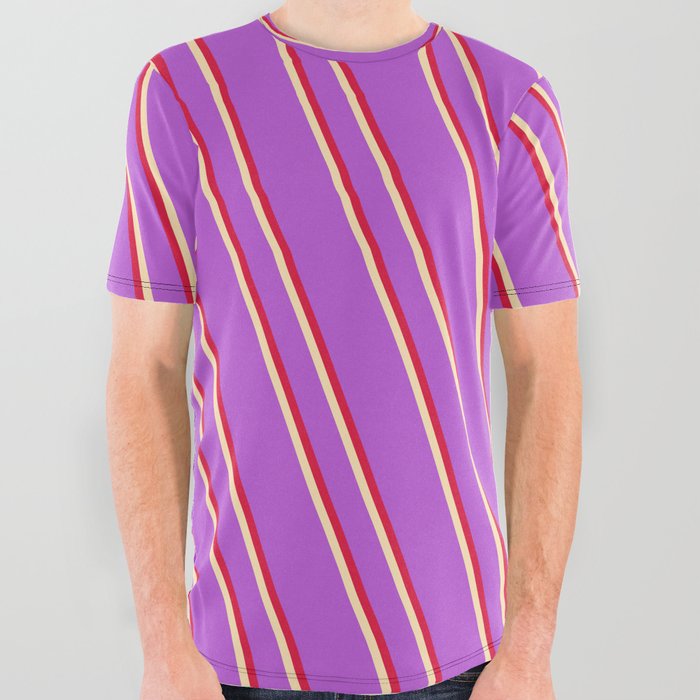 Orchid, Crimson, and Beige Colored Lined/Striped Pattern All Over Graphic Tee