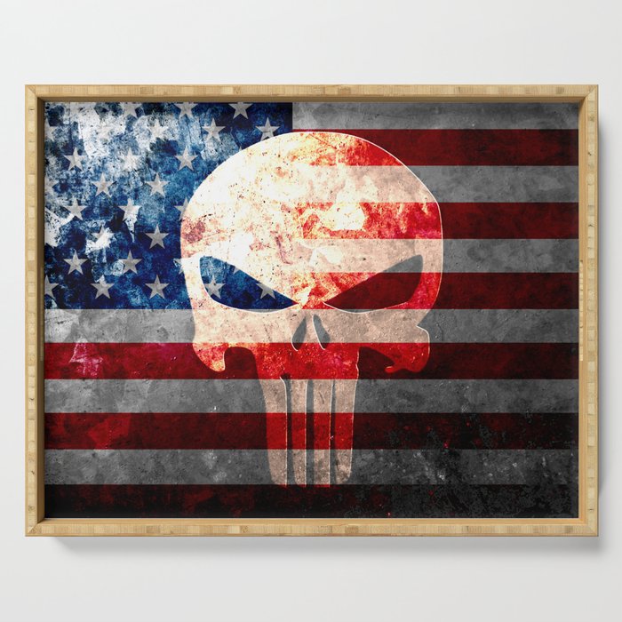 Skull And American Flag On Distressed Metal Serving Tray By