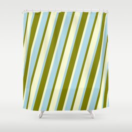[ Thumbnail: Light Yellow, Light Blue & Green Colored Pattern of Stripes Shower Curtain ]