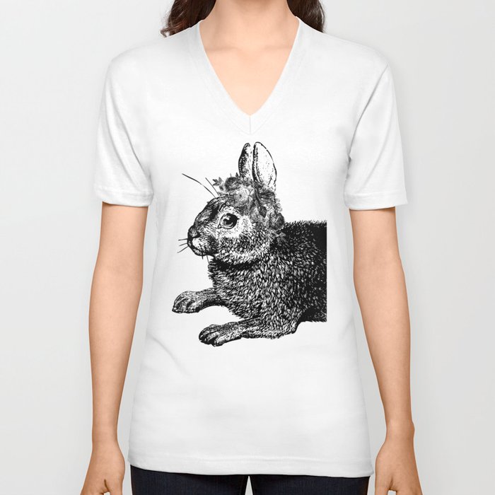 The Rabbit and Roses | Vintage Rabbit with Flower Crown | Rabbit Portrait | Bunny | Black and White V Neck T Shirt
