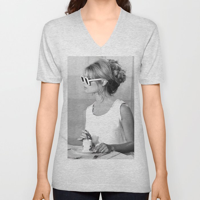 Brigitte Bardot in Sunglasses Retro Vintage Art V Neck T Shirt