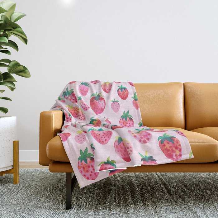 Strawberries Watercolor fruits pattern Cotton candy Pink Throw Blanket