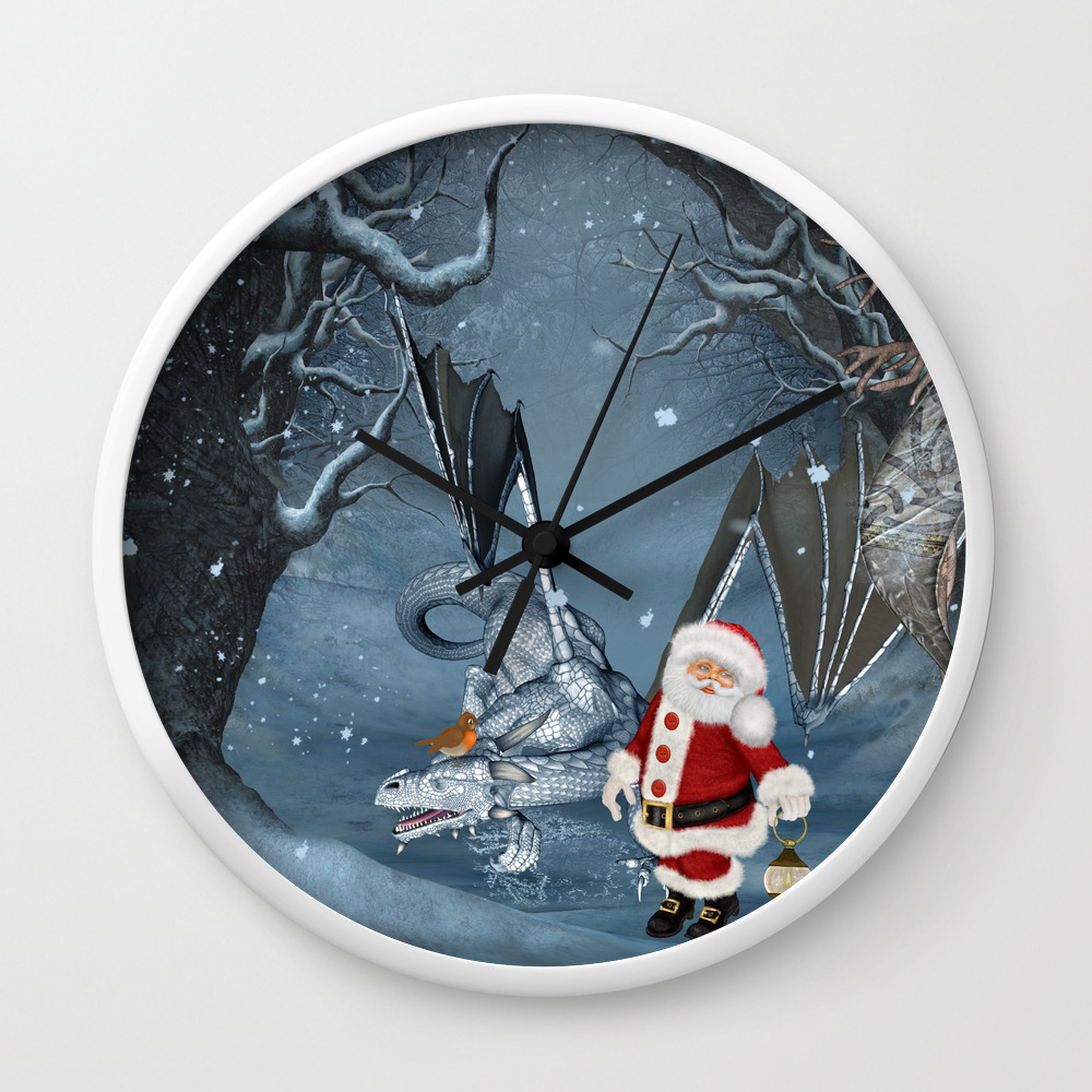 Santa Claus With Ice Dragon In A Winter Landscape Wall Clock