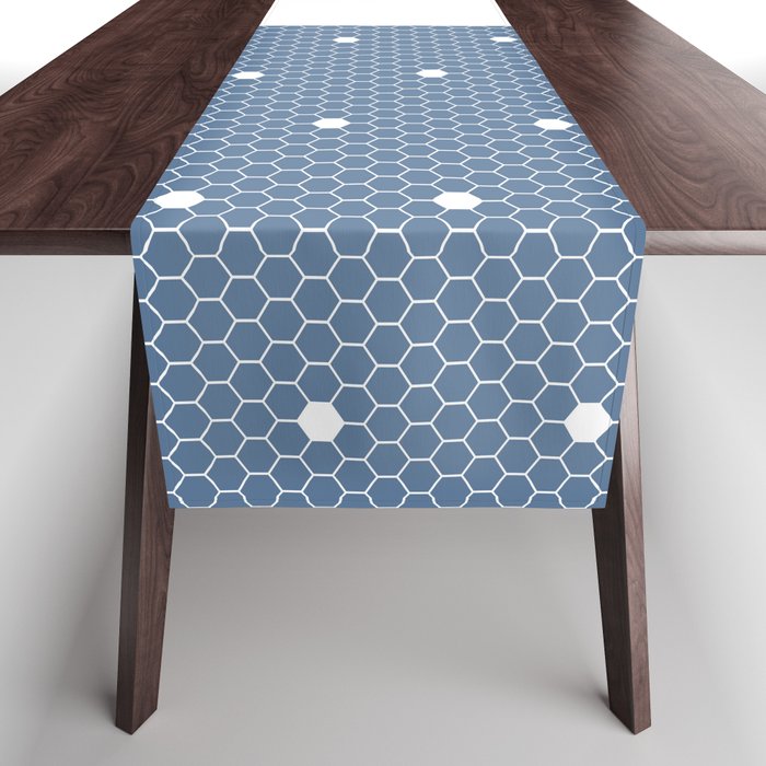 White Polka Dots Lace Vertical Split on Slate Blue Table Runner