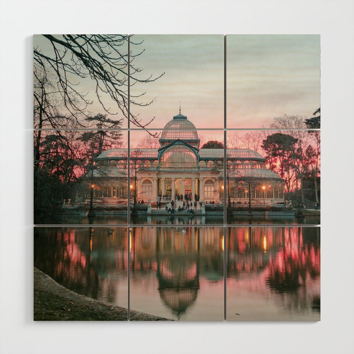 Spain Photography - The Glass Palace In Madrid By The Pink Sky  Wood Wall Art